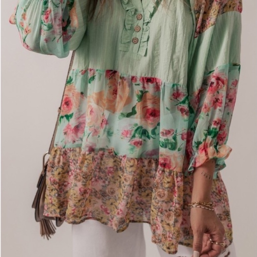 Flowy Sage Floral Print Patchwork Frilled Split Neck Blouse - Picture 5 of 5